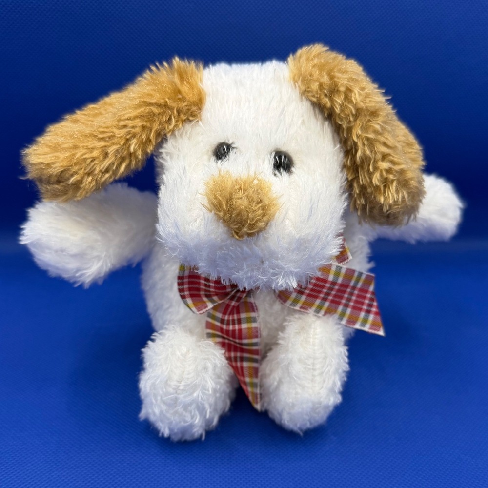 Dan Dee Collector's Choice White Plush Puppy Dog Brown Floppy Ears Plaid Bow Toy